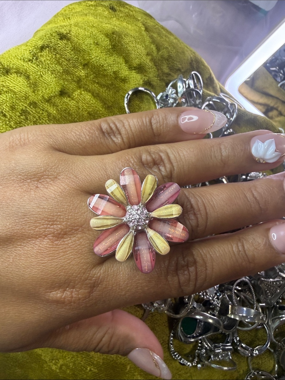 Floral Statement Ring in Pink and Yellow by
